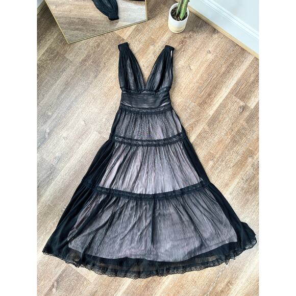 Vintage Tadashi Shoji Sleeveless Tiered Lace & Tulle Gown Whimsical Goth Black - Picture 2 of 10